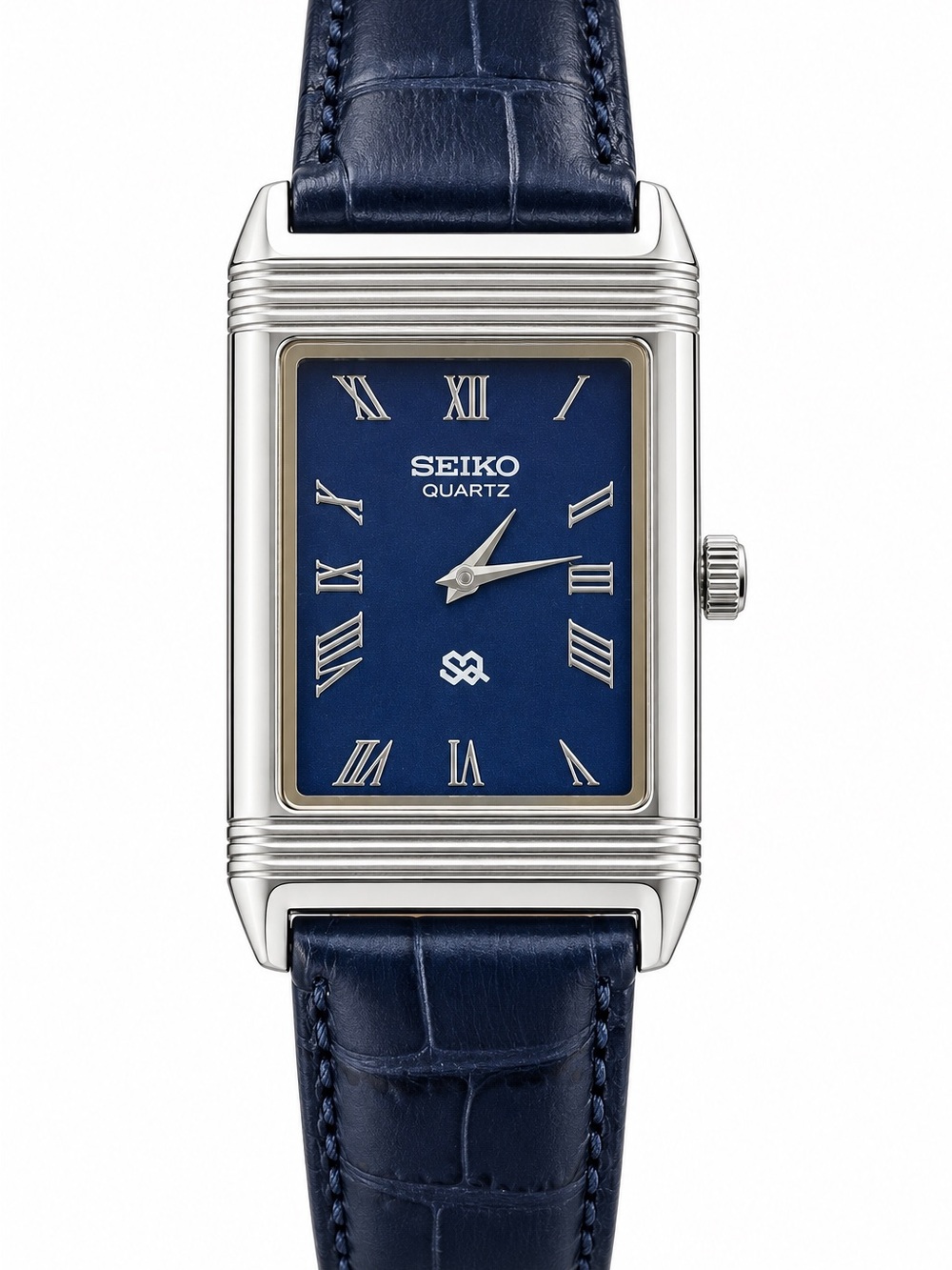 Vintage Seiko Reverso Frame Tank watch Blue dial Silver bezel